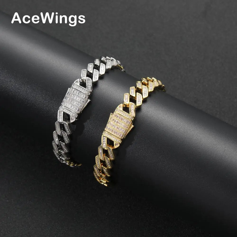 BB022 12mm Brass Setting Zircon Bracelet Hip Hop Iced Out Zircon Cuban Chain Bracelet Men's Jewelry