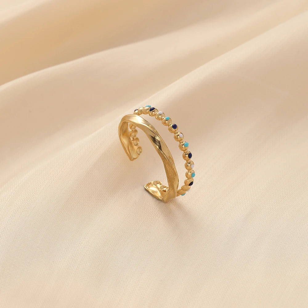 New Release Adjustable 18K Gold Plated Stainless Steel Twisted Row Double Layer Open Finger Rings for Women Couples Fashionable