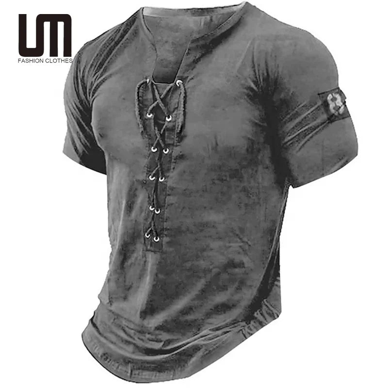 Clearance Sales Custom Logo Summer Men Casual Solid Color Short Sleeve Lace up V Neck Loose Plus Size T Shirts