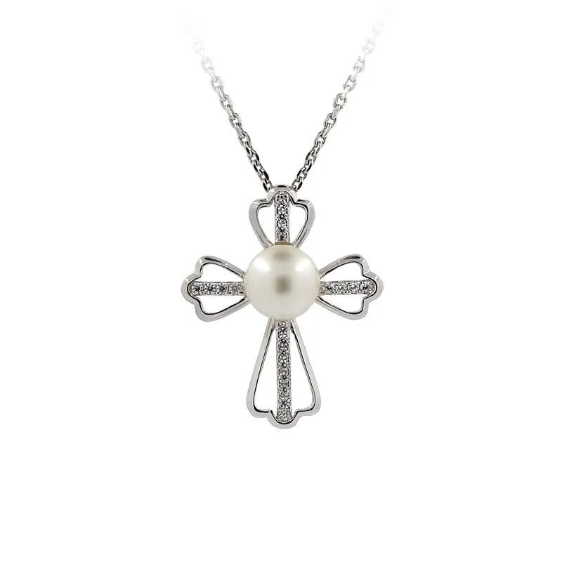 Wholesale Religiuon Cubic Zirconia 925 Silver River Pearls Jewelry Charm Chunky Irregular Pearl Cross Pendant Necklace
