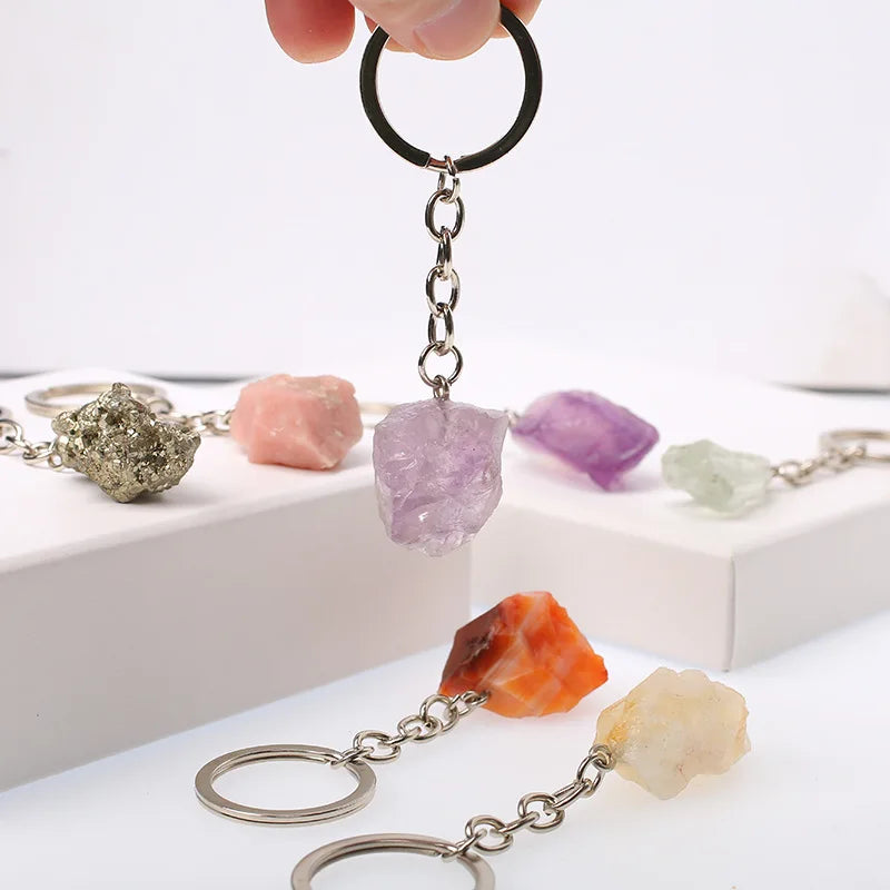 Crystal Stone Keychain Natural Rose Quartz Aventurine Healing Crystal Keychain Gemstone Keyring
