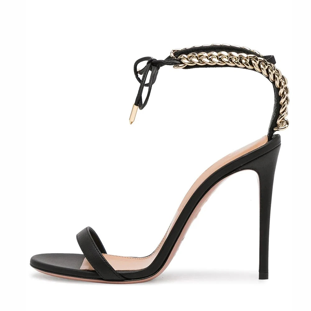 Factory Wholesale Metal Chain Ankle Strap Heels Stiletto Open Toe Thin High Heel Summer Sandals for Women