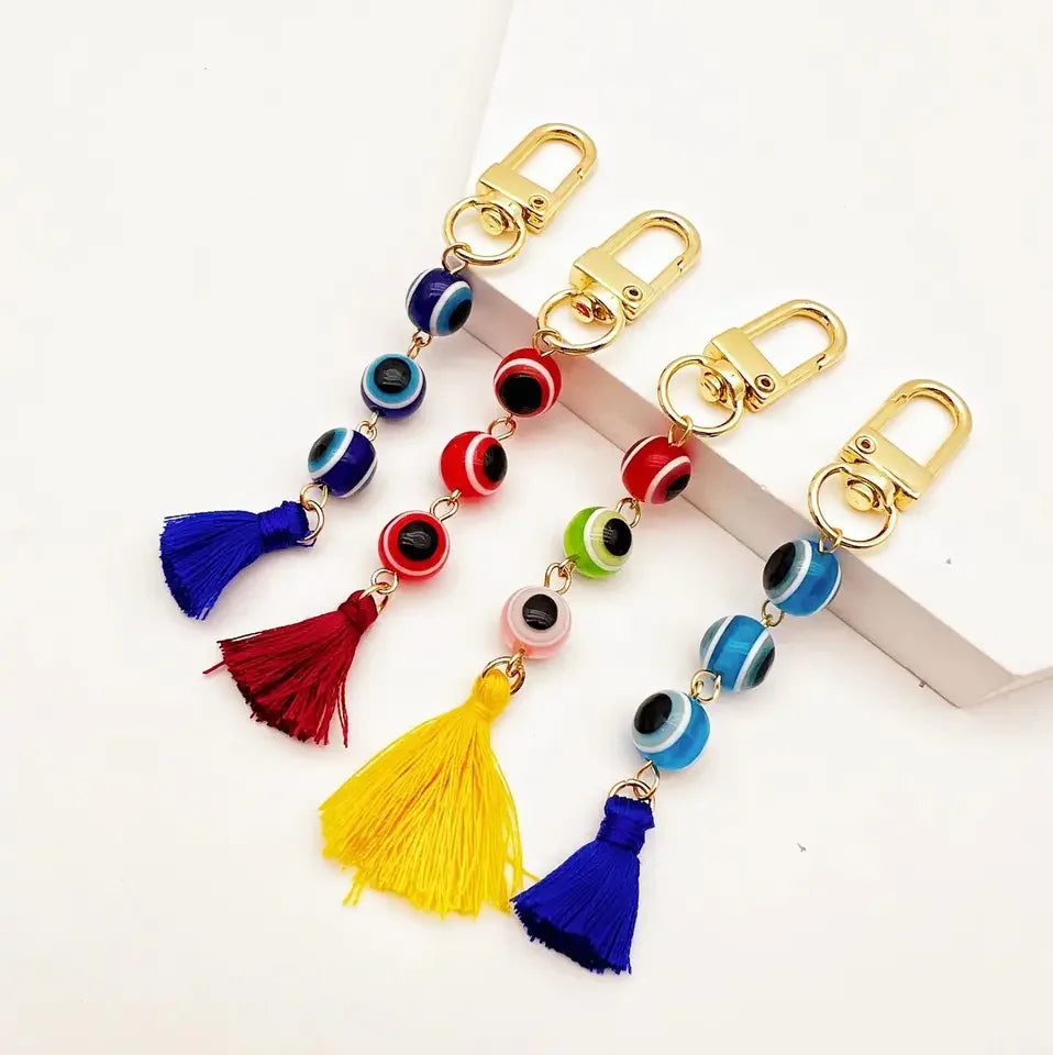 Turkish Blue Evil Eye Keychain Charms Car Tassel Gold Plated Jewelry Pendant for Good Luck Glass Metal Keychains
