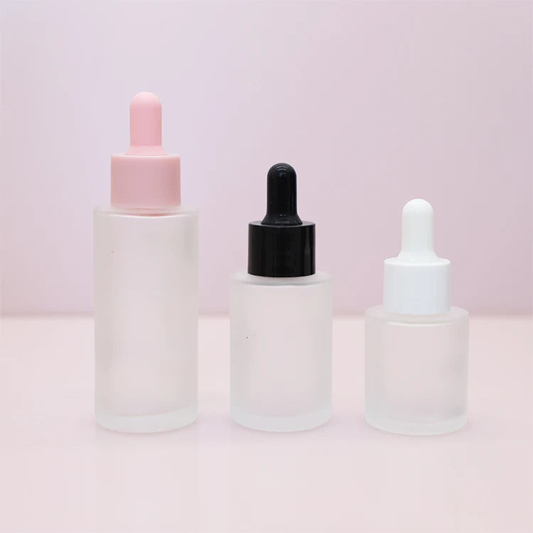 30ml 50ml Glass Cosmetic Customized Essential Oil Dropper Bottle Flat Frosted Serum Bottle in Stock Low MOQ with White Cap
