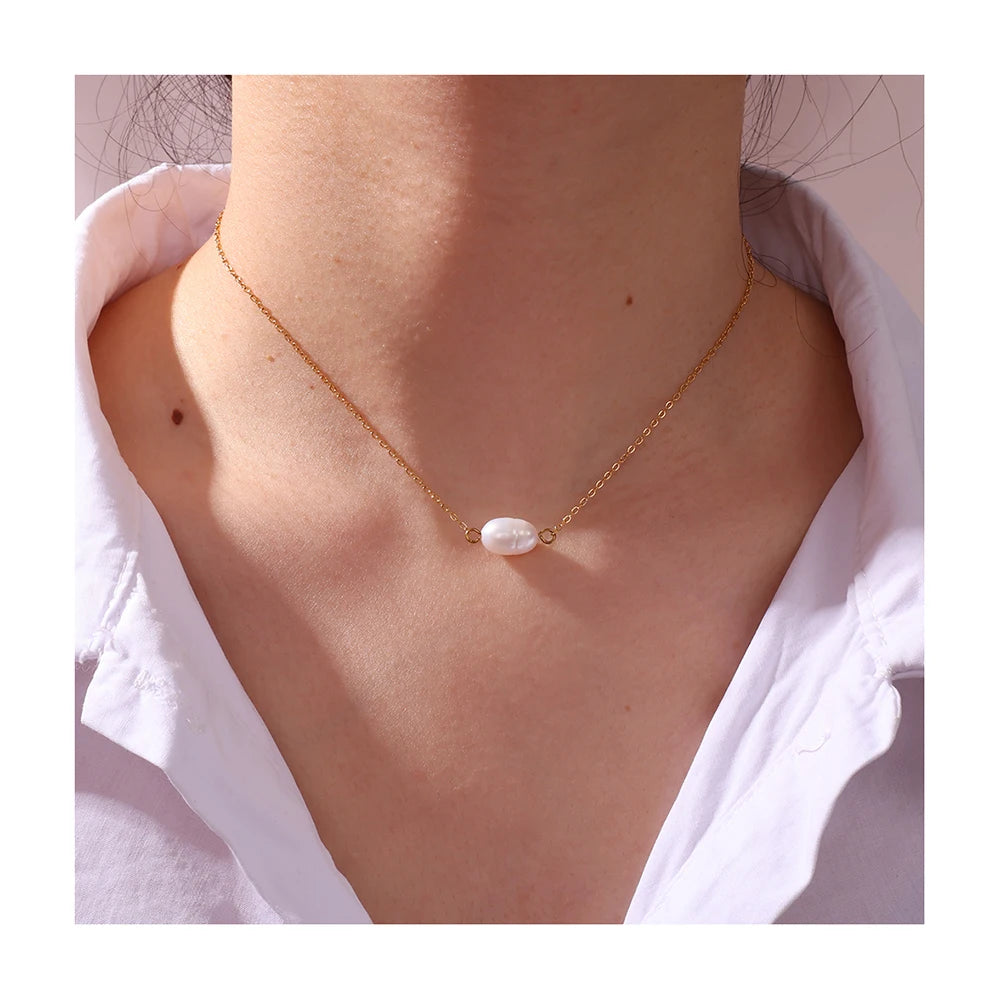 Exquisite Stainless Steel 18K Single Natural Freshwater Pearl Charms Pendant Collar Necklace for Women No Fade Waterproof