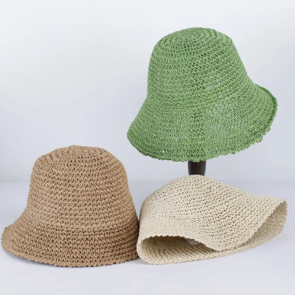 Solid Color Printed Paper Straw Sun Hat for Women Hand-Woven Fishing Bucket Beach Cap Summer Foldable for Outdoor Travel