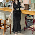 ZYHT 21336 Black Lace Bodycon Dress Elegant Midi Women Fishtail Sleeveless Formal Party Dinner Birthday Fashion Dresses