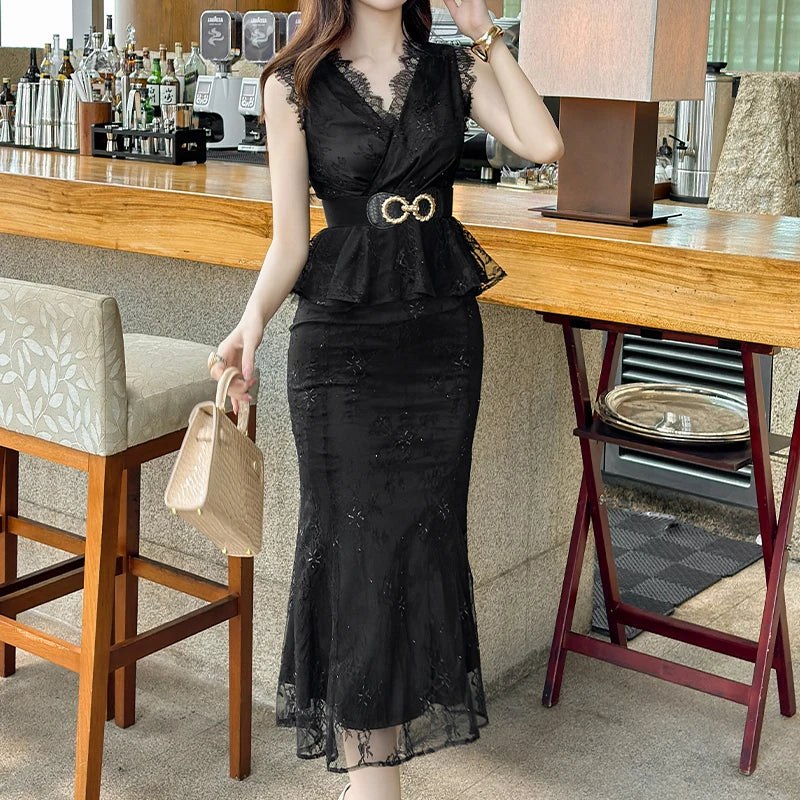 ZYHT 21336 Black Lace Bodycon Dress Elegant Midi Women Fishtail Sleeveless Formal Party Dinner Birthday Fashion Dresses