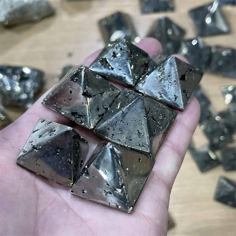 Wholesale natural pyrite pyramid hande carved chalcopyrite ore crystal pyramid for decoration