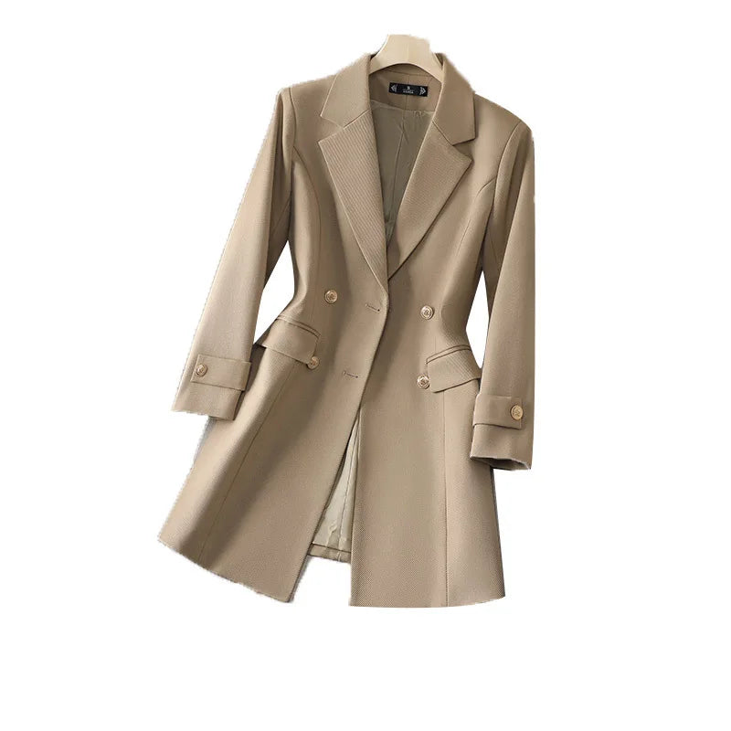 S-4XL New Women's Coat Korean Version Professional Mid Length Suit Collar Trench Coat Work Clothes