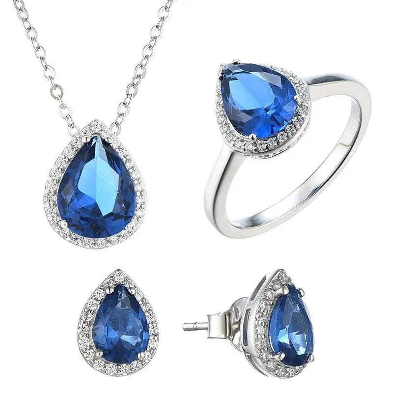 Jewelry Set Necklace Earrings Jewelry Dainty Bridal Cz Waterdrop Wedding Ring 925 Silver Cute Color Blue Set Zircon EU Pear Cut