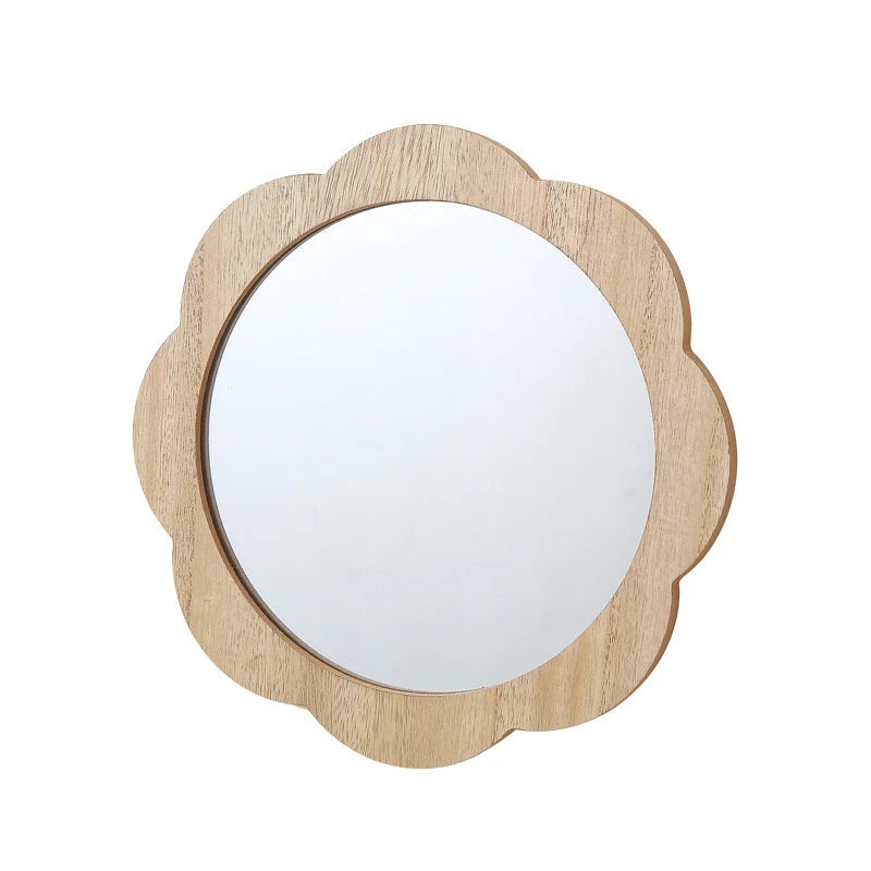 Contemporary Natural Wooden Flower Shape Wall Hanging Mirror Decorative Circle Mirror for Bathroom Vanity Home Decor Handcrafted
