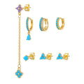 Fine Jewelry Set Blue Turquoise Earrings Hoop Studs Sterling Silver Gold Plated Post Flower Fashion Jewelry for Women