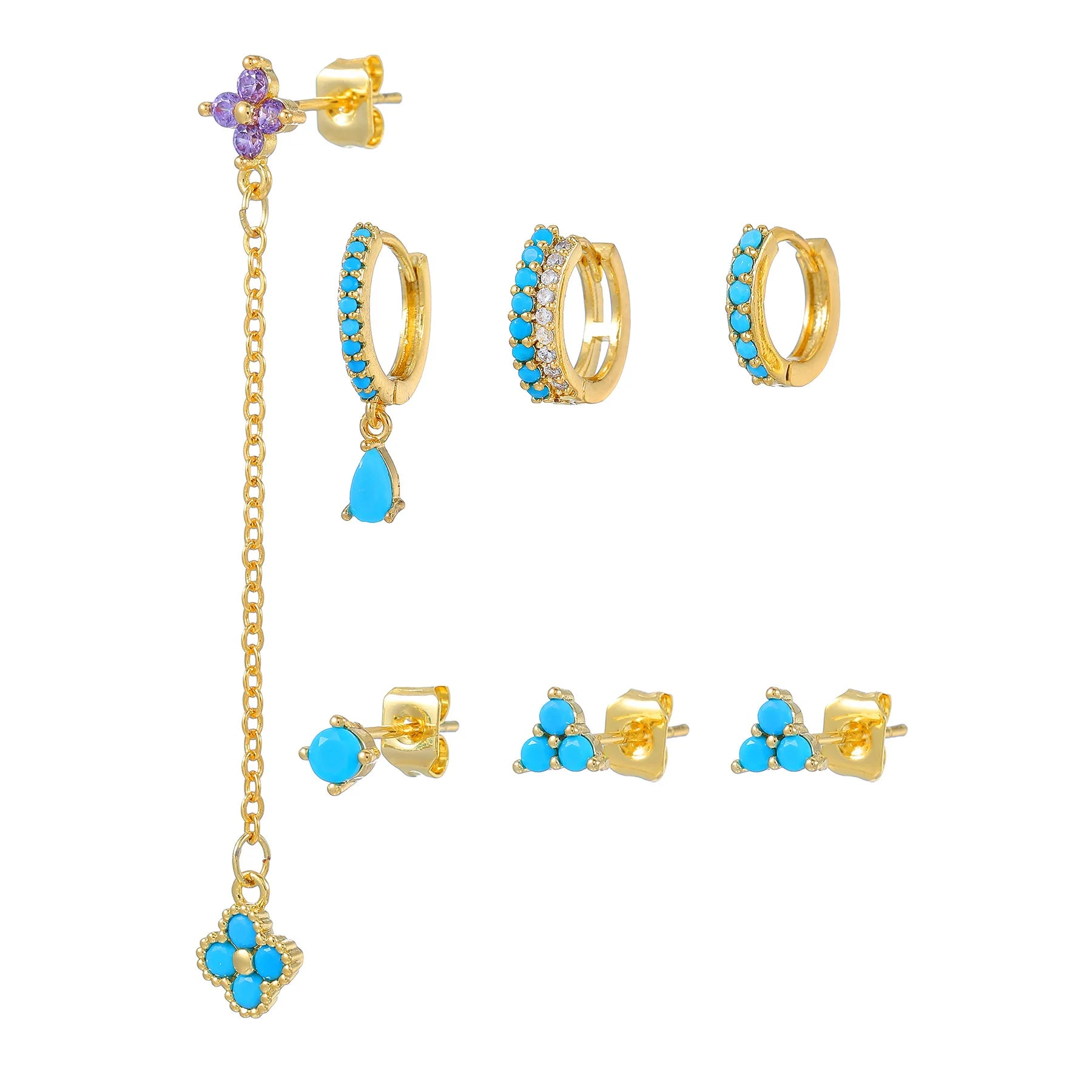 Fine Jewelry Set Blue Turquoise Earrings Hoop Studs Sterling Silver Gold Plated Post Flower Fashion Jewelry for Women