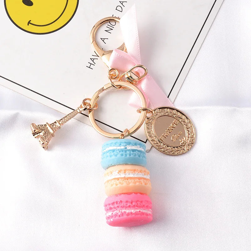Novelty Macaron Eiffel Tower Cake Dessert Candy Beads Keychain Bag Pendant Key Ring Keyfob