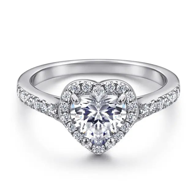 18K White Gold Rhodium Plated Classic Sterling Silver Wedding Ring Cubic Zirconia Promise Heart Rings for Women for Parties