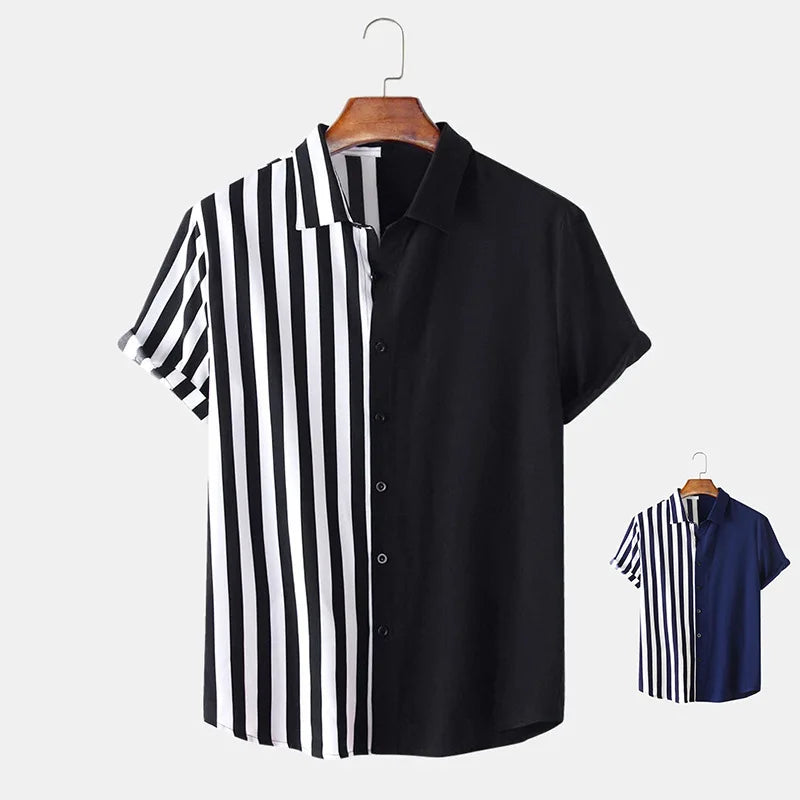 Ecowalson Men Shirt Fashion Stripes Print Short Sleeve Tees Summer Shirt Men Turn-down Collar Button Casual Blouse Men Clothing