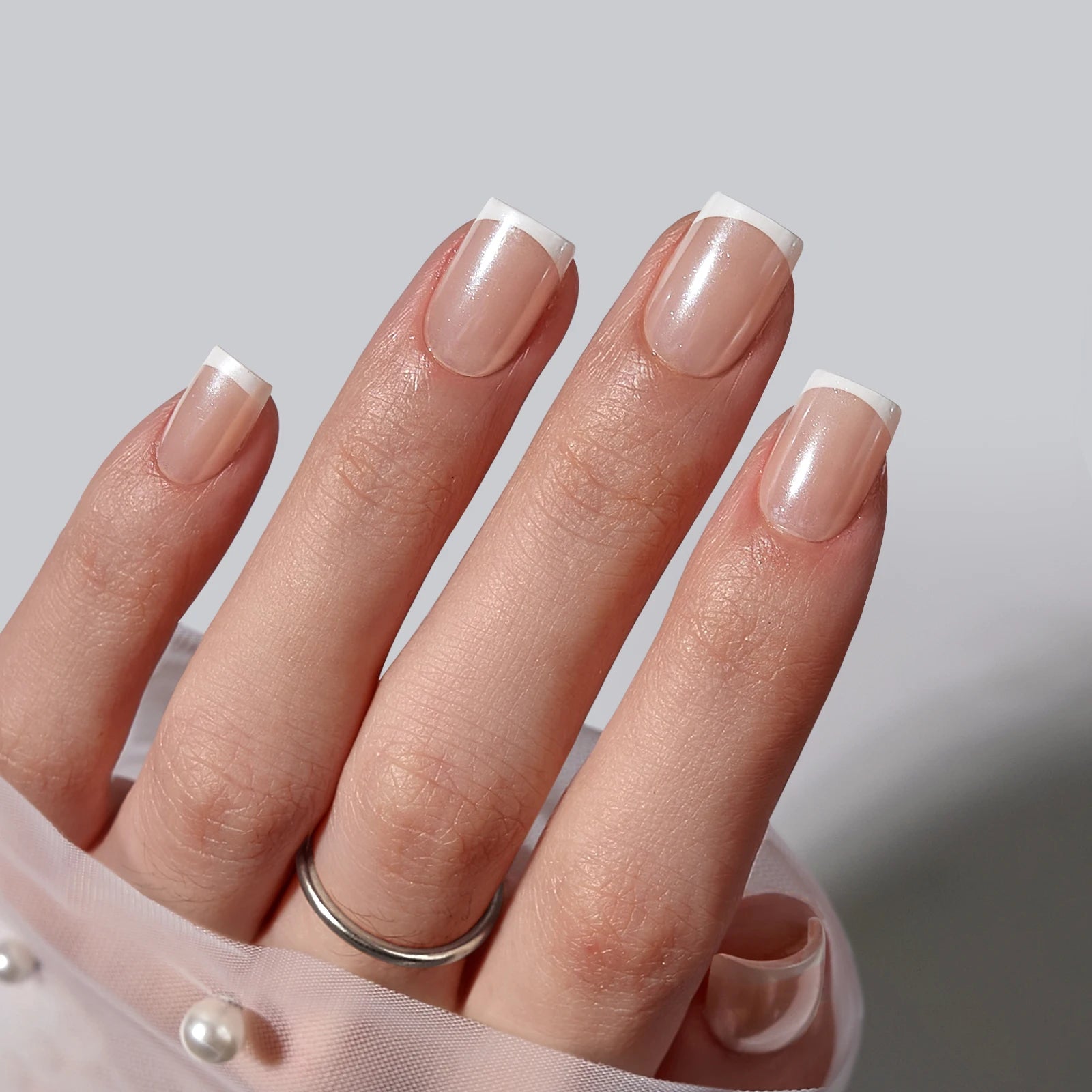 BTARTBOX French Style Artificial Fingernails Wholesale Short Square Soft Gel Chrome French Tip Bulk Press on Nails En Gel