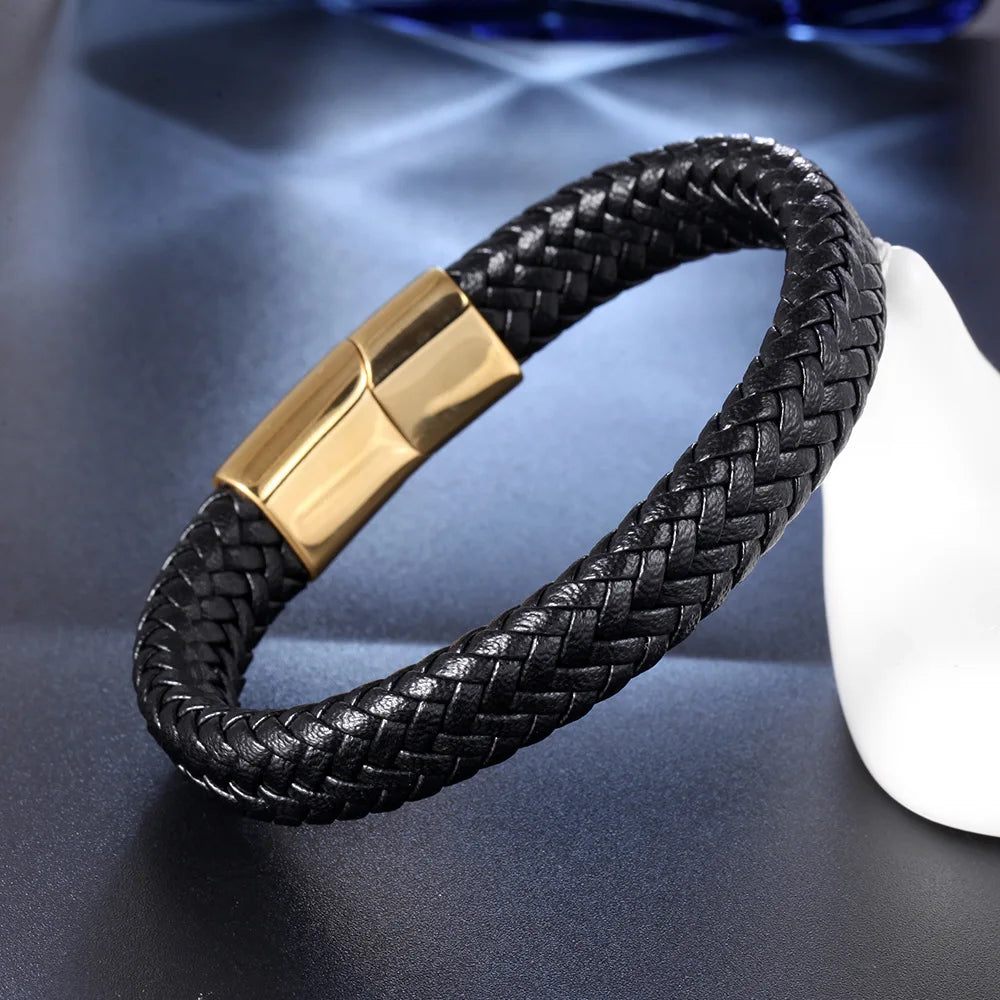 Luxury Men's PU Leather Woven Braided Wrap Bracelets Alloy Silver Gold Black Plated Magnetic Buckle Fashion Accessory for Men