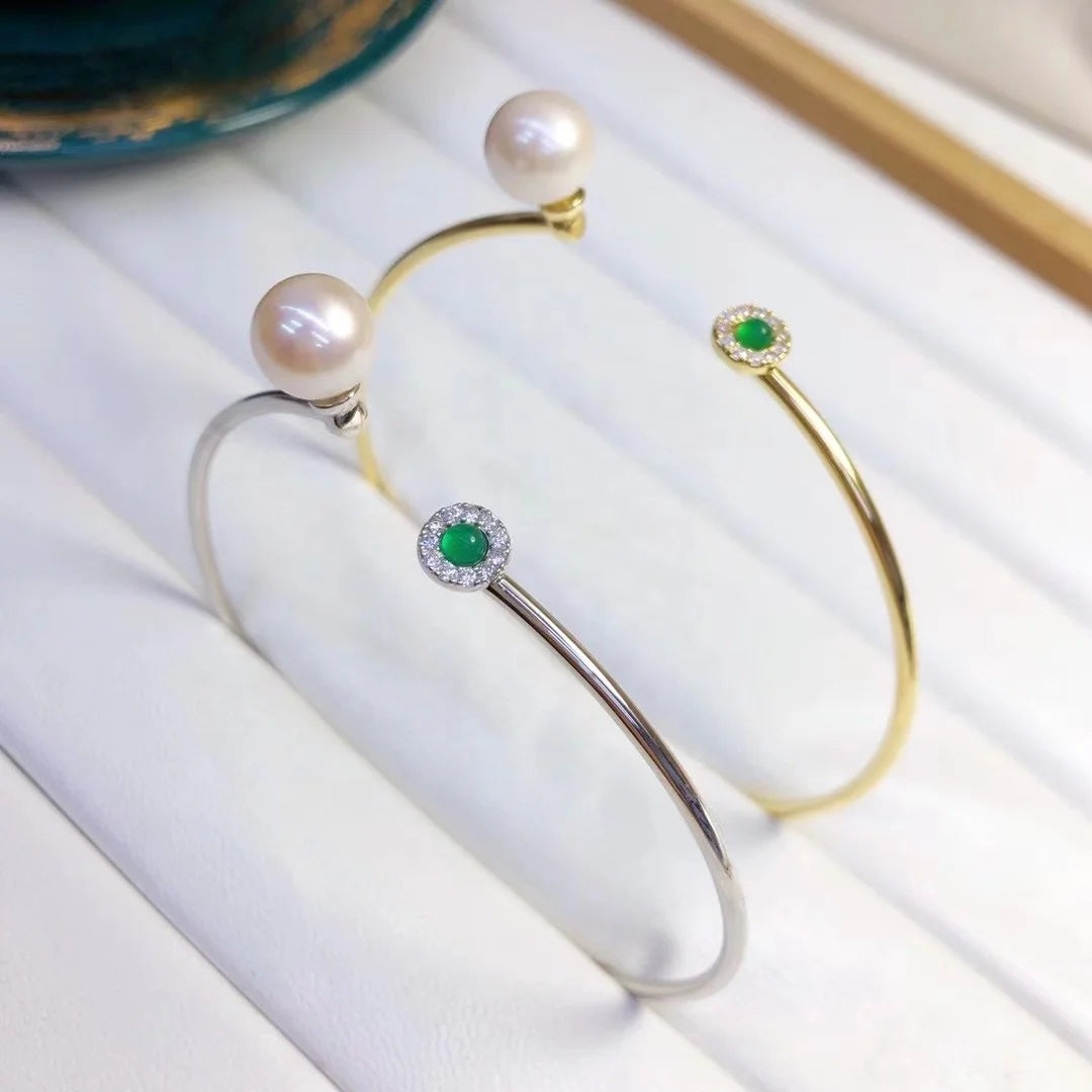 B409 8-9mm 925 Sterling Silver Gold Plated Wholesale Freshwater Pearl Charm Bracelet  Bangle Fancy Jewelry for Women
