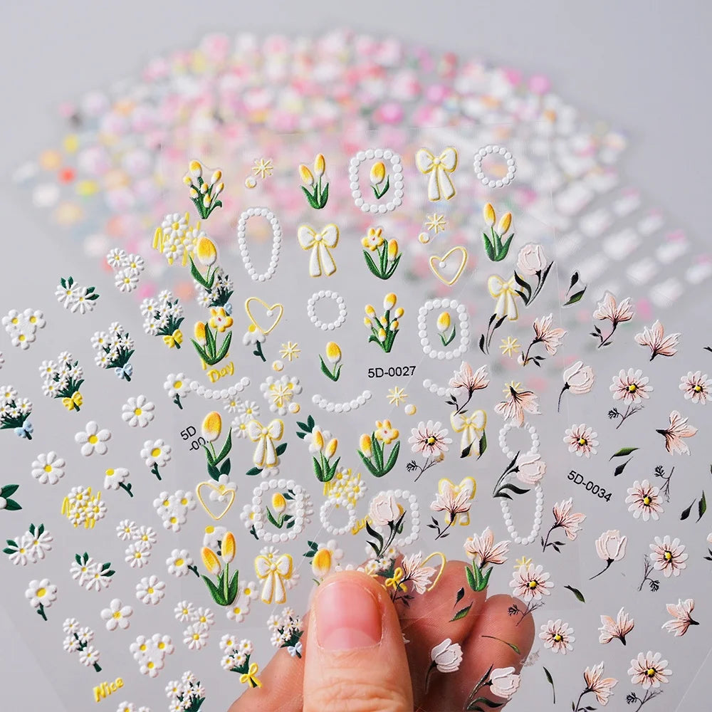 5D Embossed Tulips Blossom Nails Stickers Kawaii Rabbit Daisy Flowers Rainbow Nail Charms DIY Manicure Adhesive Decals Sliders