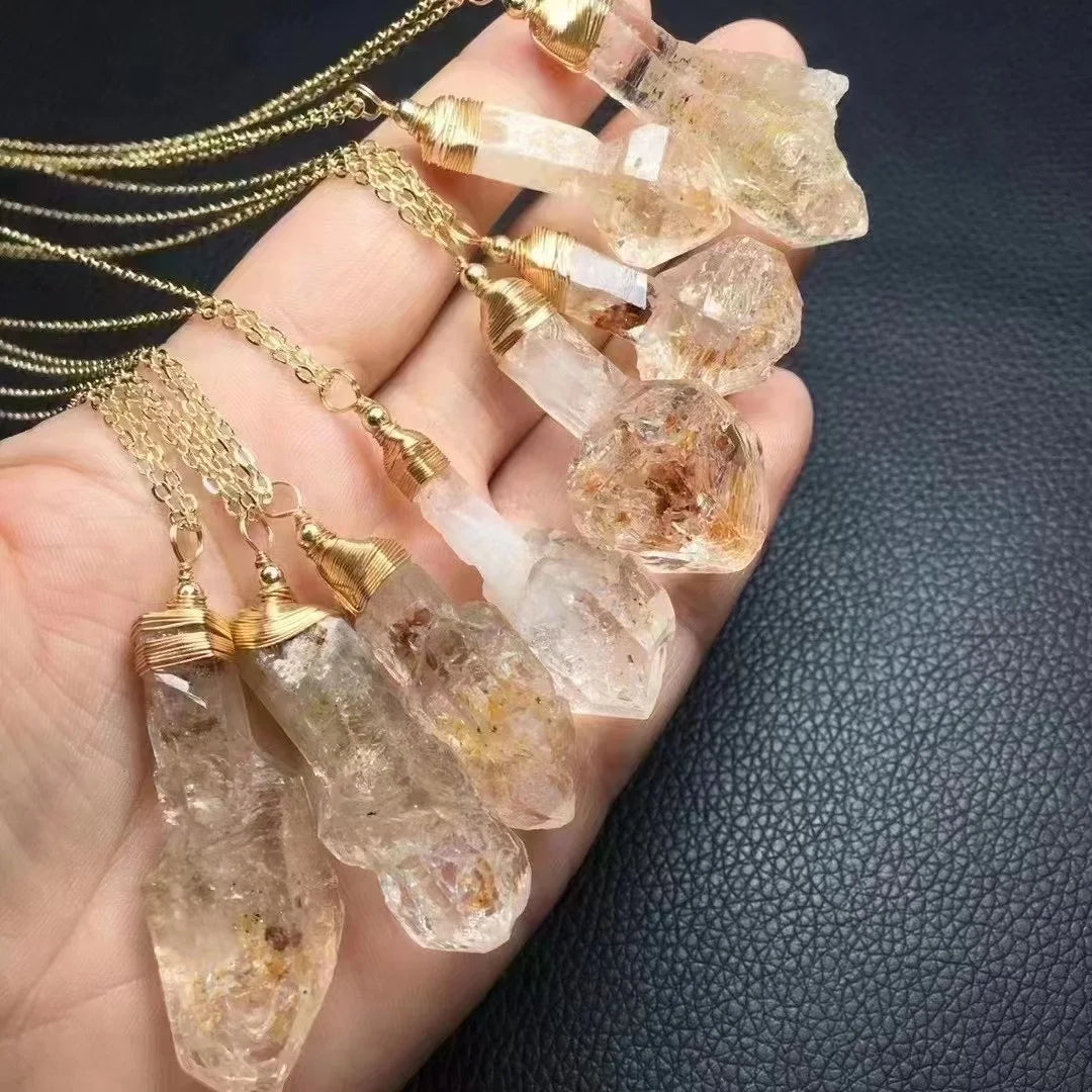 Handmade Wire Wrapped Natural Crystal Healing Stone Fine Jewelry Cathedral Herkimer Raw Stone Pendant Necklace