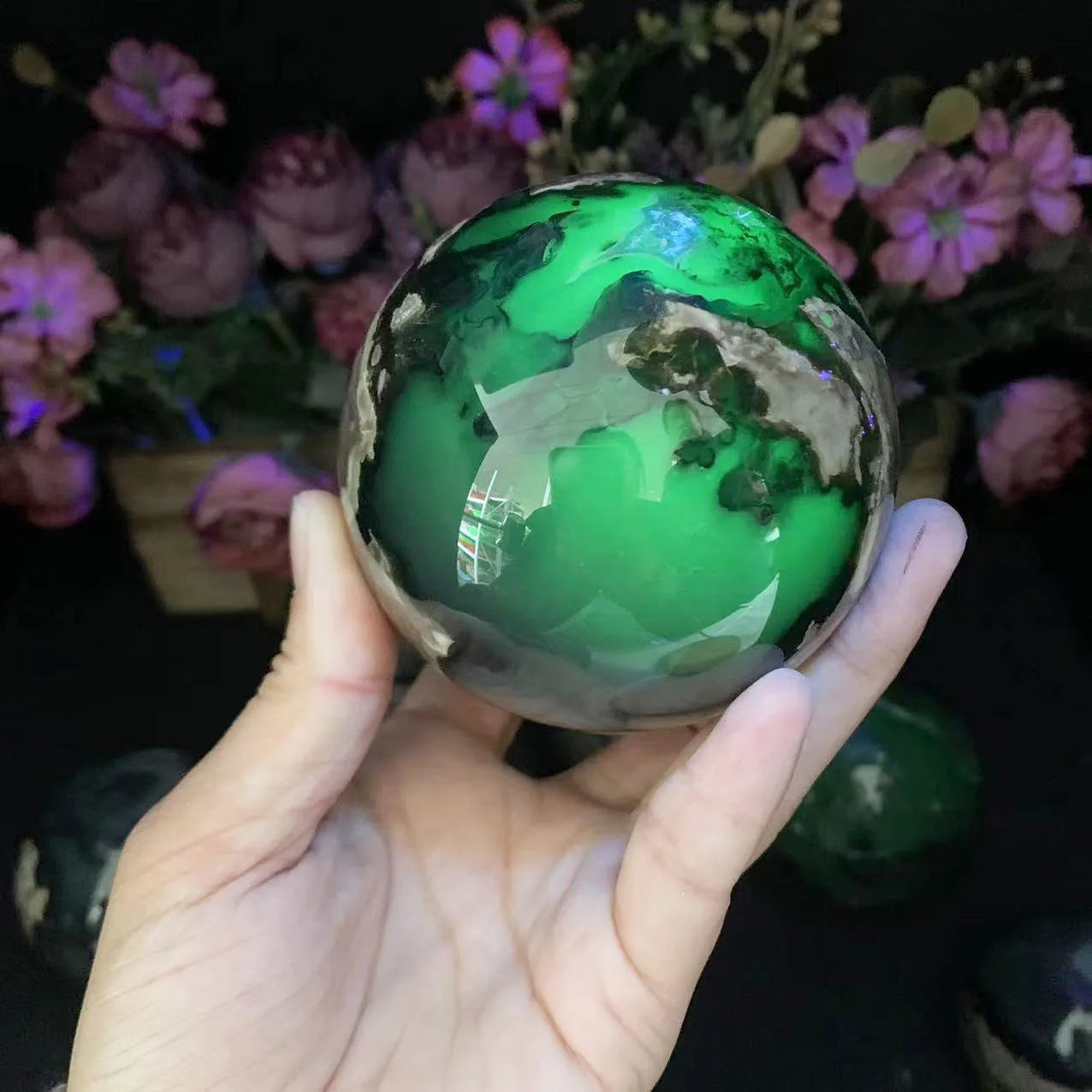 Kindfull Nature Crystal Hand Carved Volcano Agate Sphere Healing Stone Fengshui Crystal Fluorescent Agate Sphere for Sale