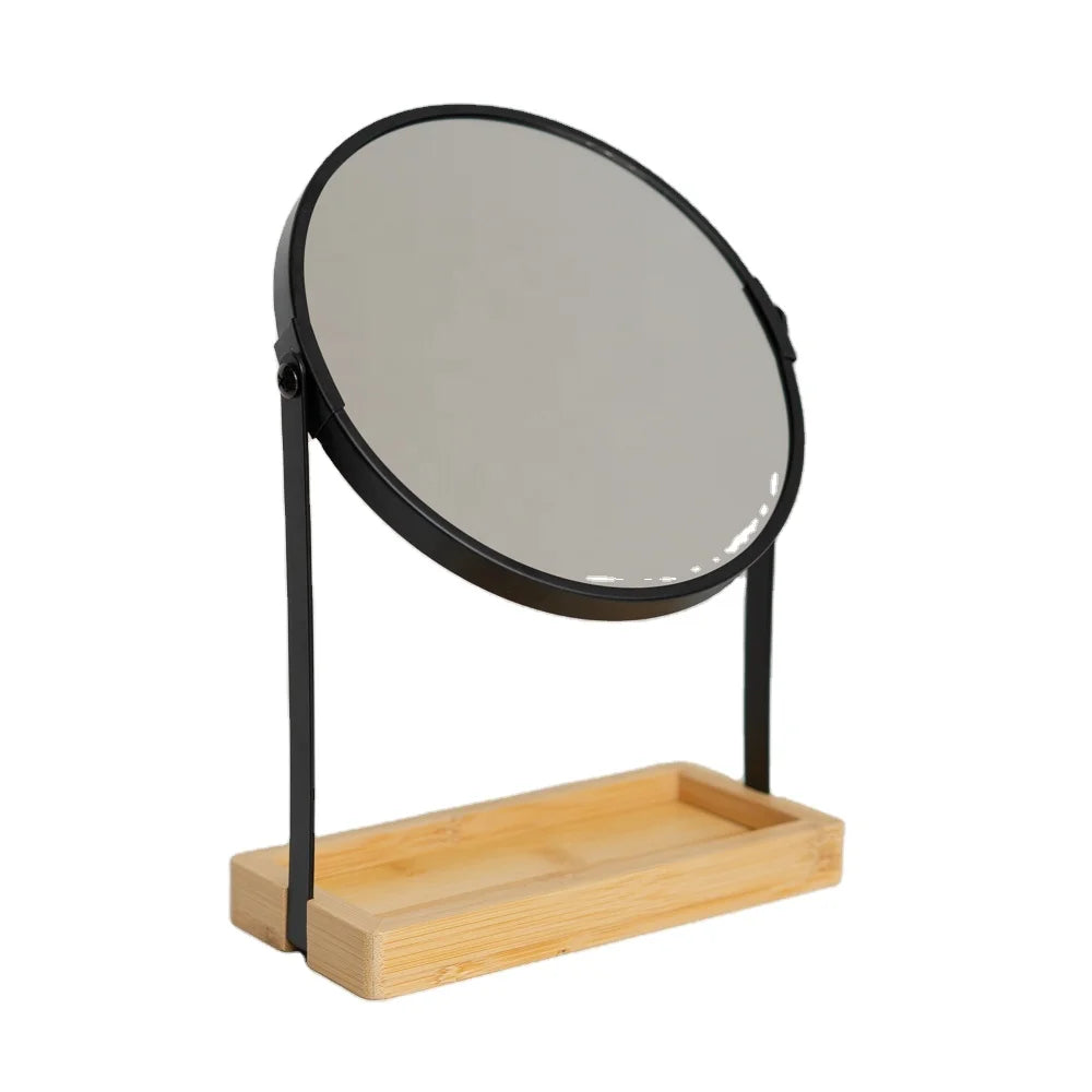 Custom Logo Bamboo Makeup Mirror Small Round Glass Mirror with 1X/2X Magnification Modern Luxury Design