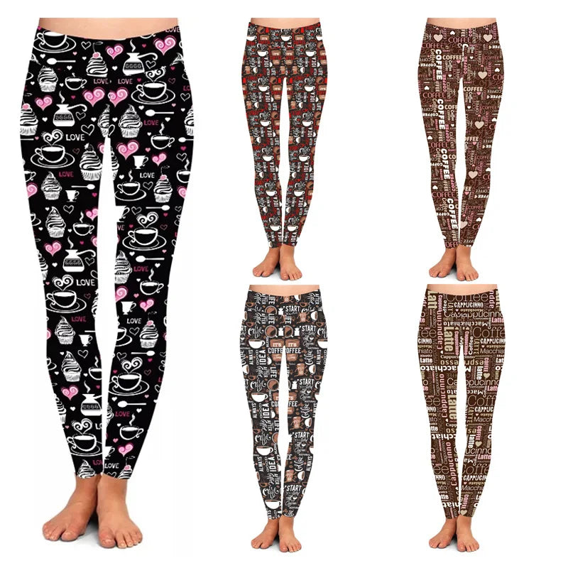 Love Heart Cupcake Coffee Leggings Women High Yoga Waist Buttery Soft 92% Polyester 8% Spandex Leggings for Women