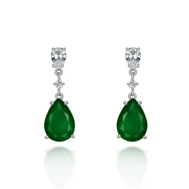 925 Sterling Silver Green Pear Emerald Pendant Earrings Teardrop Dangle Pierced Earring