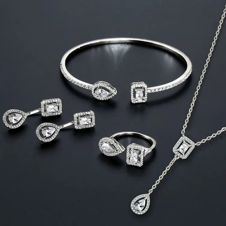 Luxury Crystal Cubic Zircon Bridal Women Jewelry Sets Necklace Bracelet Earrings Rings 4-pcs Set Teardrop Wedding Jewelry Set