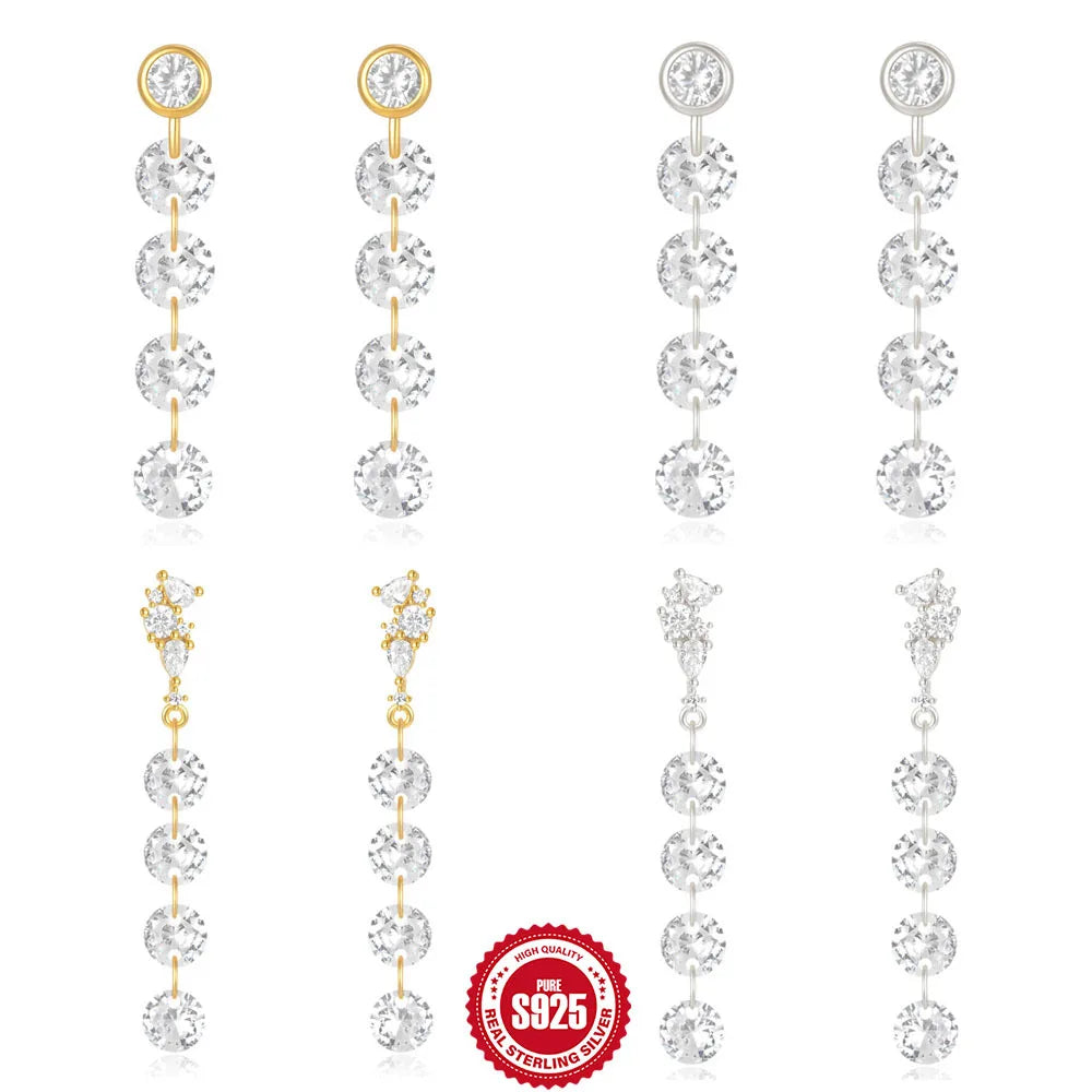 NEW Wholesale Fashion Jewelry 925 Sterling Silver Long Tassel Chain Shiny Zircon Gold Plated Stud Earring Jewelry for Women