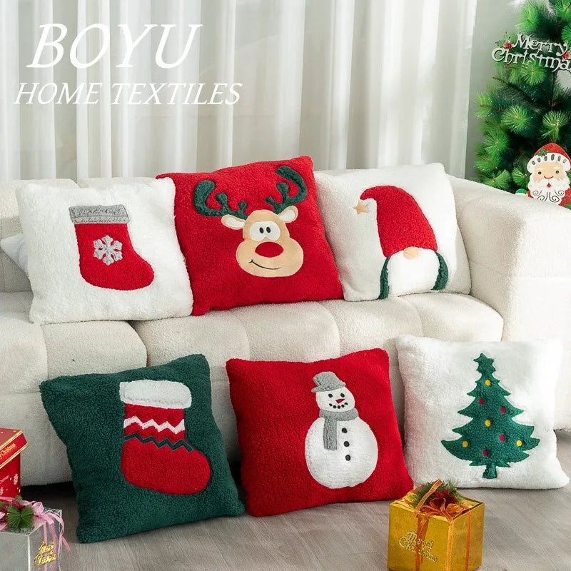 Amazonn Popular Christmas Pillow Case With Cotton Velvet Embroidery Cover Santa Claus Embroidery Holiday Decoration Pillow Cover