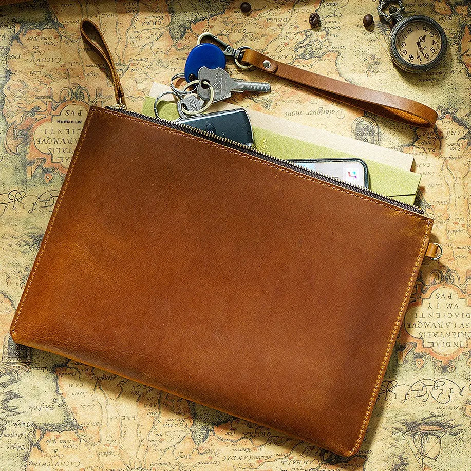 Vintage Crazy Horse Genuine Leather Folder Document Holder File Case Handmade Tablet Cover Case Sleeve Zipper Laptop Bag
