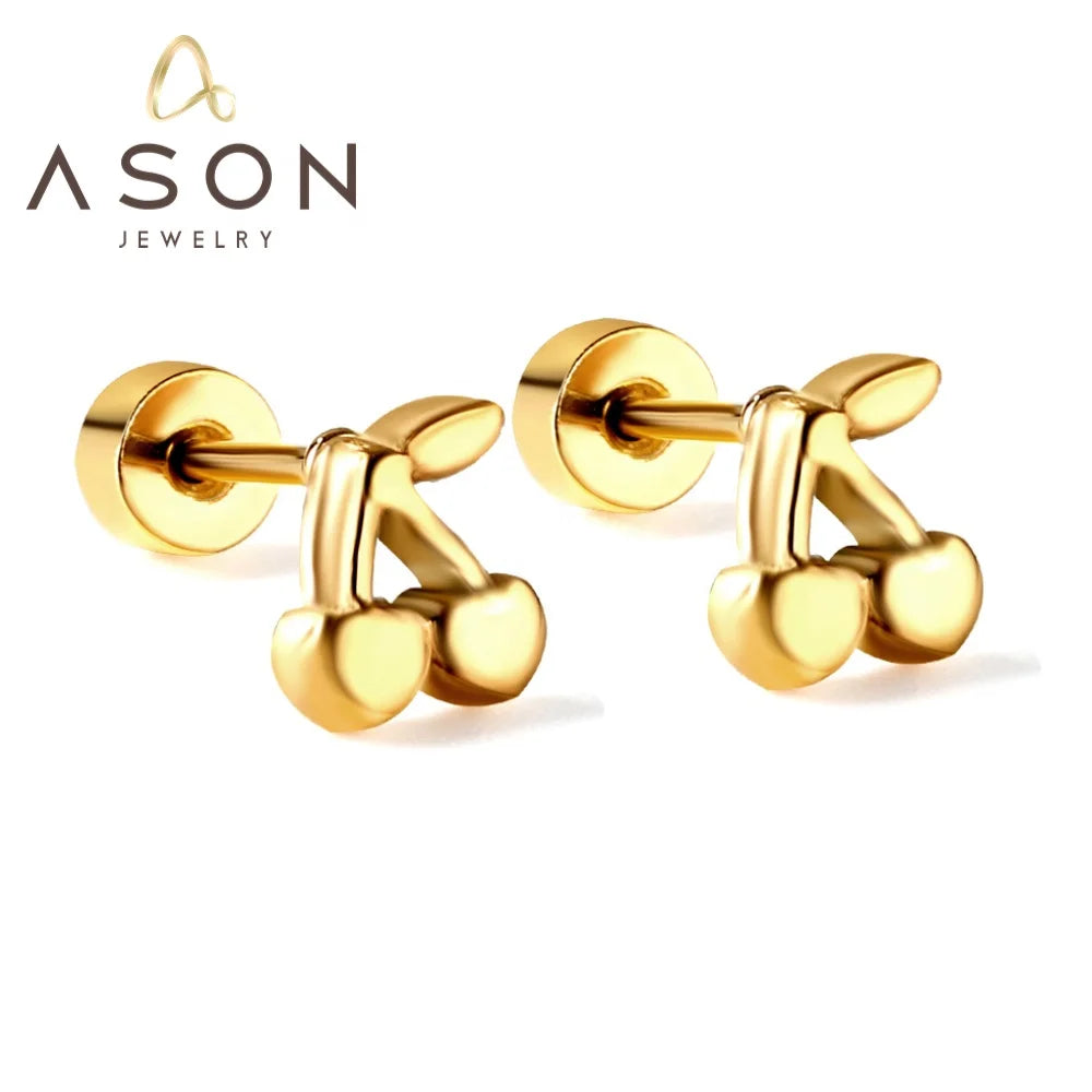 Ason Jewelry New Waterproof Stainless Steel Fruit Stud Earrings Cute Screw Plug Cherry Stud Earrings for Children