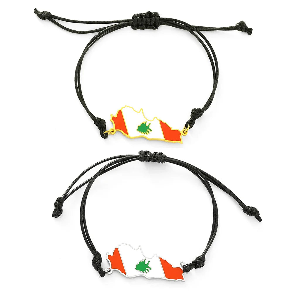 18K Gold Plated Enamel Lebanon Flag Charm Bracelet Stainless Steel Enamel Lebanese Map Charm Macrame Rope Cord Bracelet