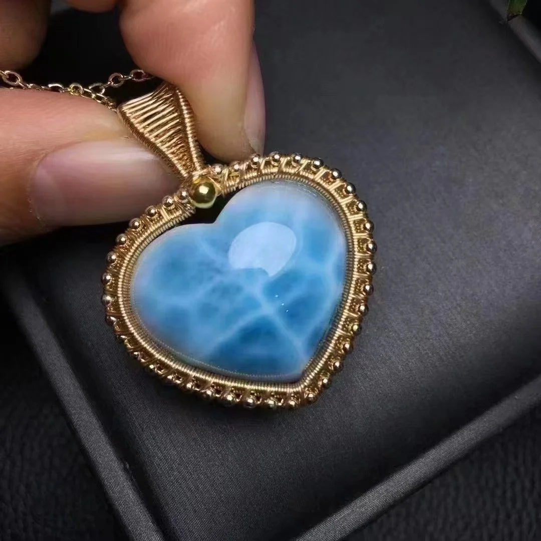 Handmade Wire Wrapped Chakra Crystal Healing Stone Natural Larimar Heart Pendant for Enhancing Energy and Mood