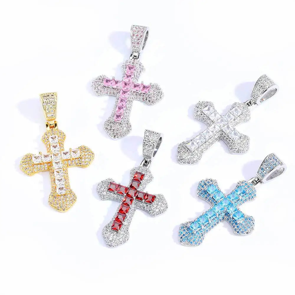 Wholesale Hip Hop Full Diamond Pendant Necklace Jewelry Micro Inlay Colored Zircon Cross Pendant Twist Chain Necklace for Men