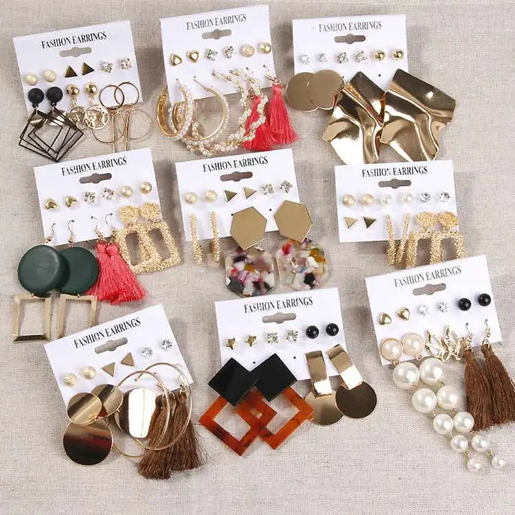 LX-057 Fashion Pearl Crystal Tassel Hoop Earring Packaging Card 6 Pairs Geometric Metallic Acrylic New Design Stud Earrings Set