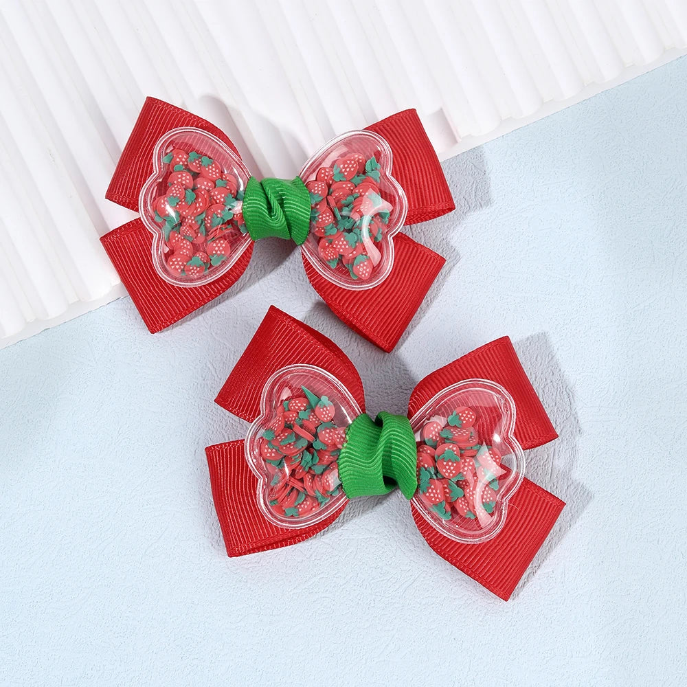 CN 2Pcs Red Barrette Ribbon Hair Bow Clip with PVC Shaker Strawberry Hair Pins Jelly Hair Bow for Kids