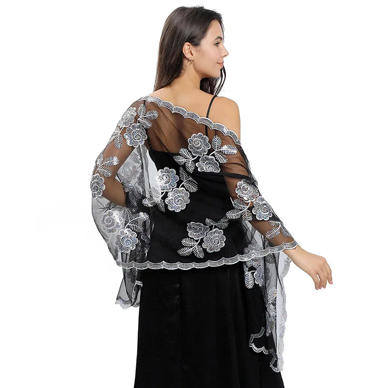 Women's Sparkling Sequin Floral Shawl Wrap Long Plain Style for Summer for Wedding Scarf or Evening Party Dress Bride's Deco