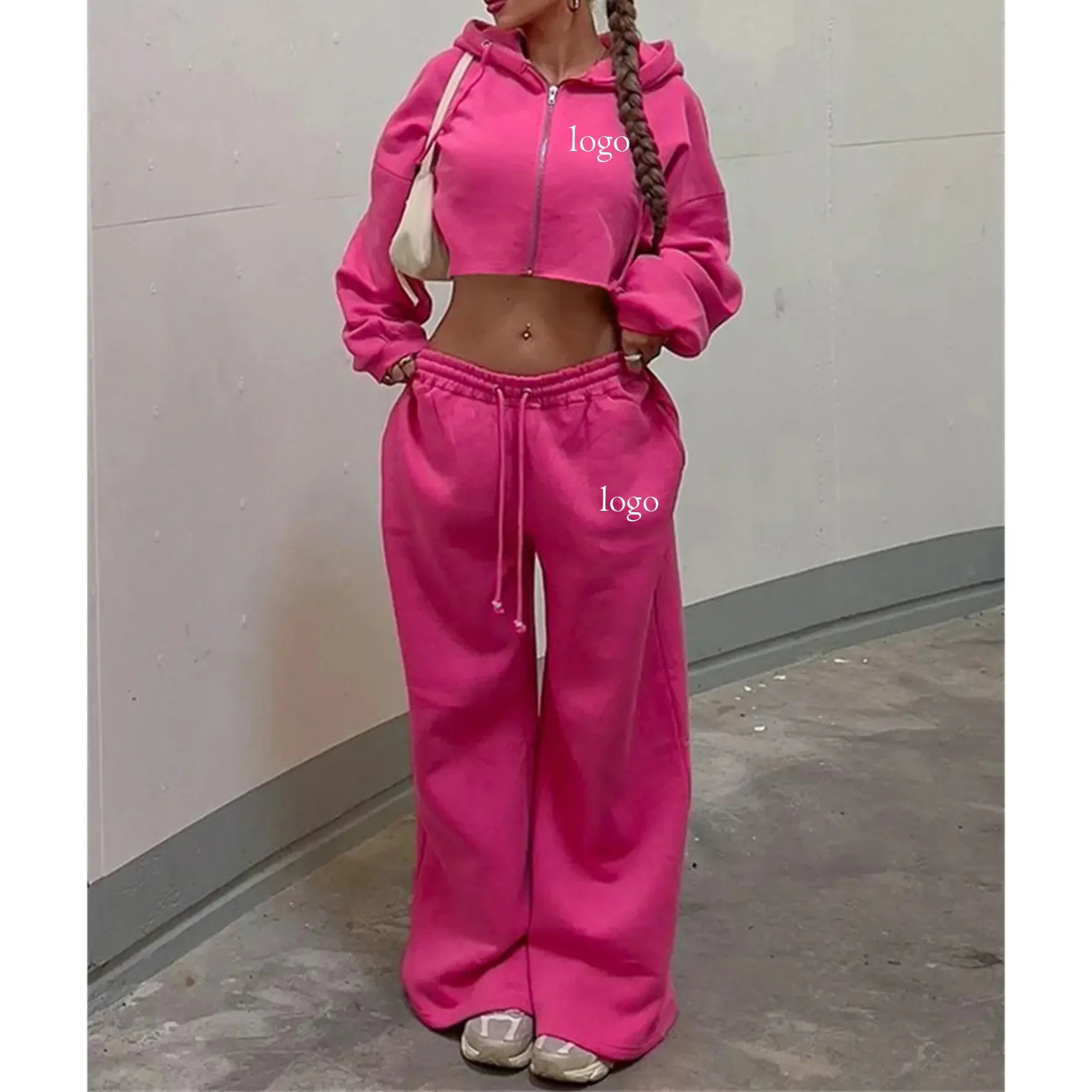 Wholesale Quality Custom logo Print Zipper Tracksuit t Two-piece Set of Wide-leg Trackpants and Cut Top Hoodie Suit for Women