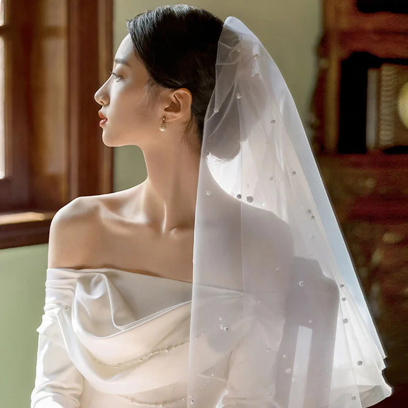 ShangHai Elegant Pearl Border Veil Multi Size Luxury Wedding Cathedral Veil Combed Hair Bride Powder Blusher Veil