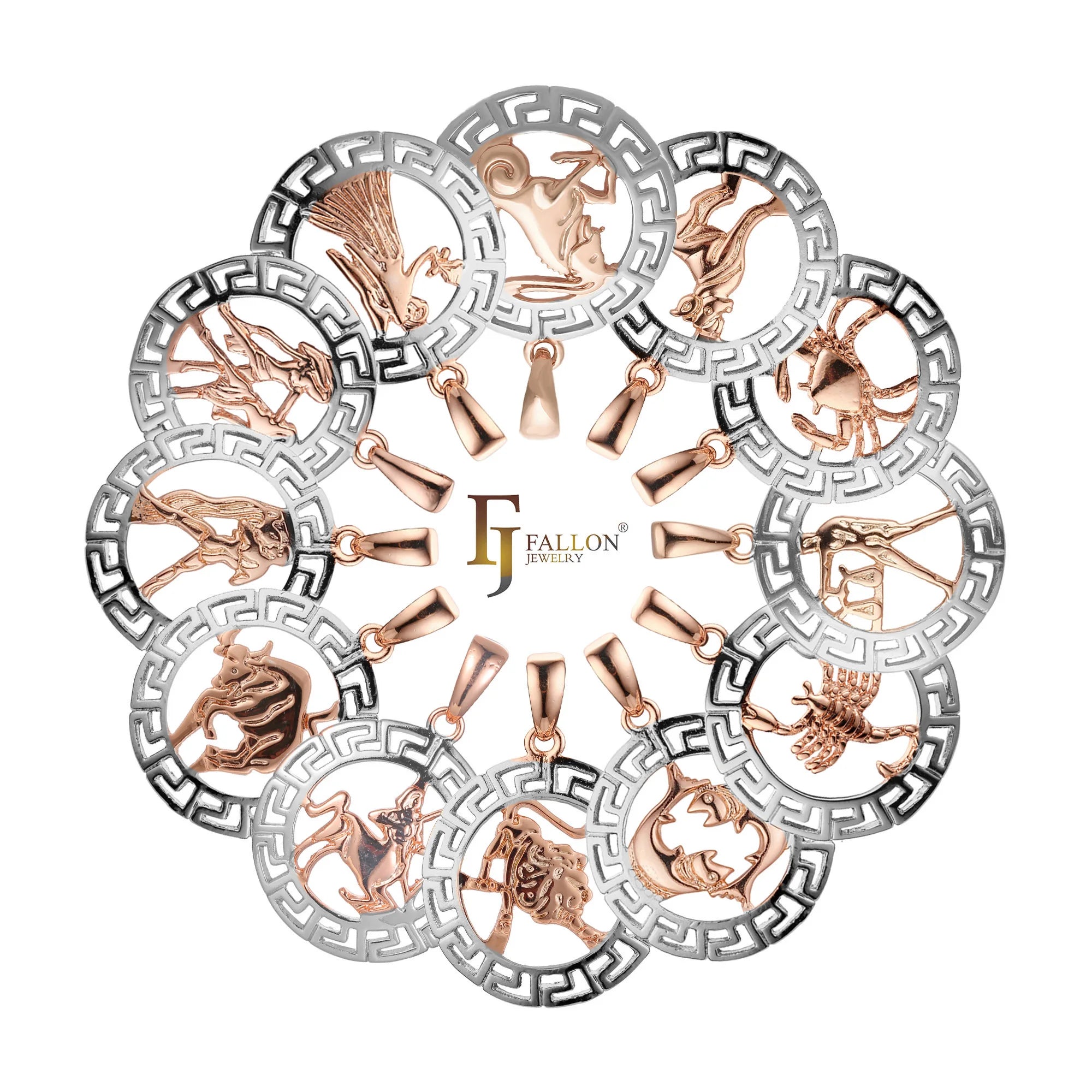 FJ Fallon Fashion Jewelry Pendant Zodiac Greek Gey Halo of Zodiac Plated in Rose Gold Two Tone Bicolor
