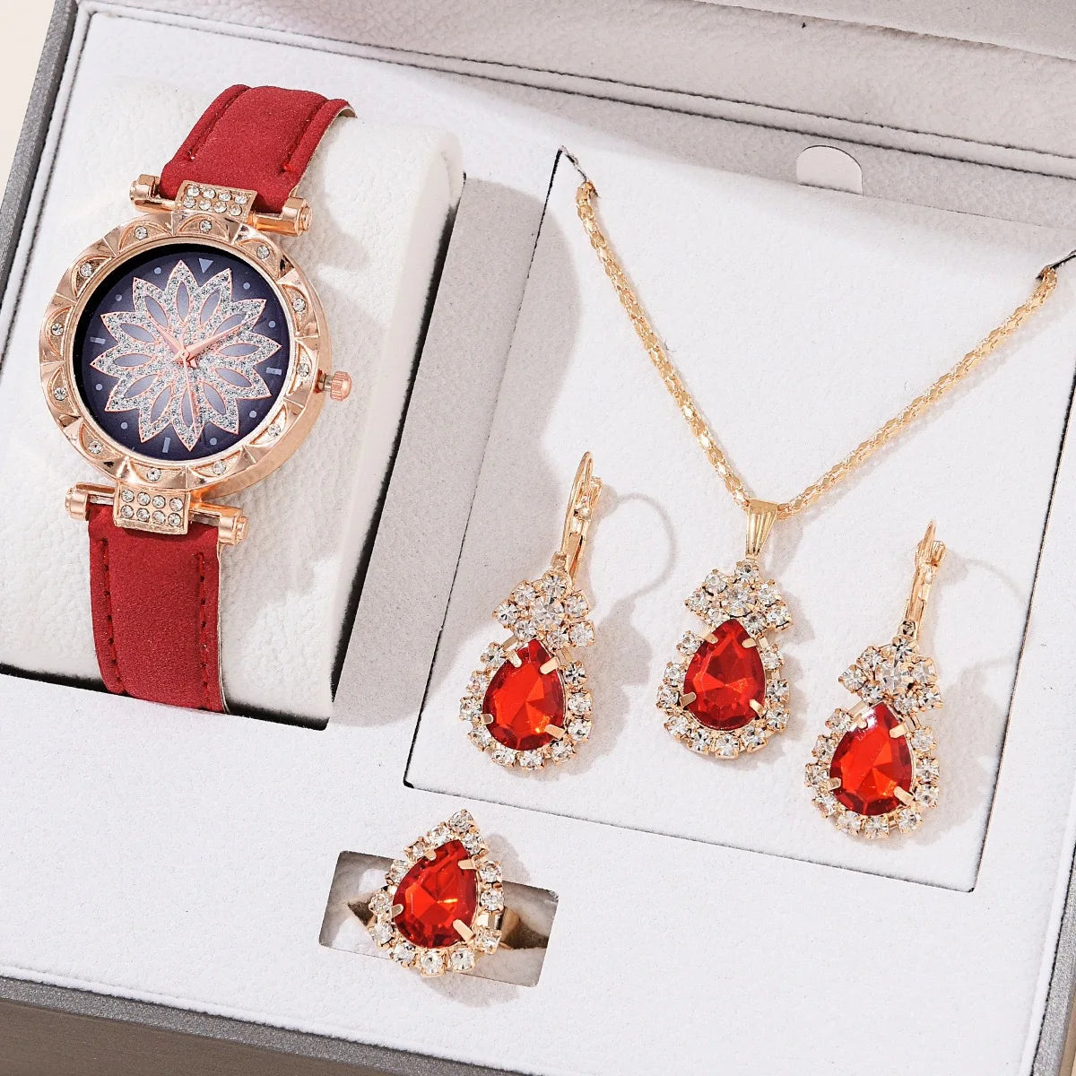 2026 Latest Fashion Crystal Necklace Earrings Set and Flower Dial Quartz Watch for Women Gift