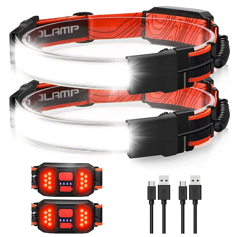 USB Rechargeable Lightweight Cob LED Headlamp with Red Taillight Waterproof Flashlight for Running Hunting Fishing
