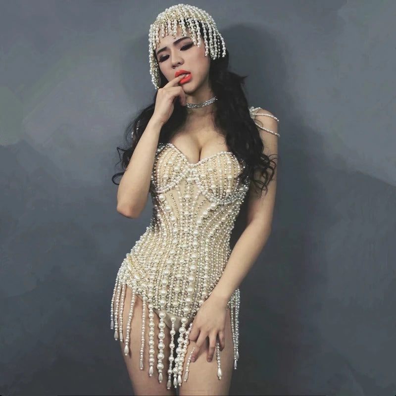 Women Prom Outfit Sparkly Rhinestones Pearls Bodysuit Dance Costume Nightclub Celebrate Party One-Piece Wear Sexy Leotard