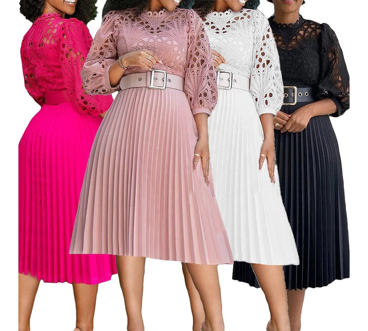Wholesale Fall American Women'S Clothing Crochet Lace Pleated Dress Elegant Long Sleeve Summer Plus Size Women'S Dresses