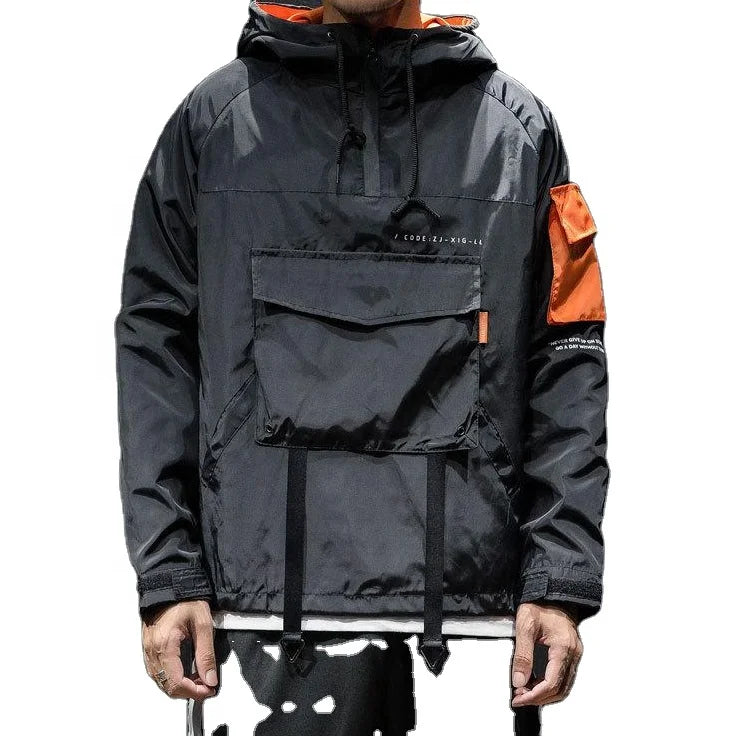 ALIKE Men's Spring Collarless Thin Windbreaker Jacket Black Half Zip Pullover Hooded Street Wear