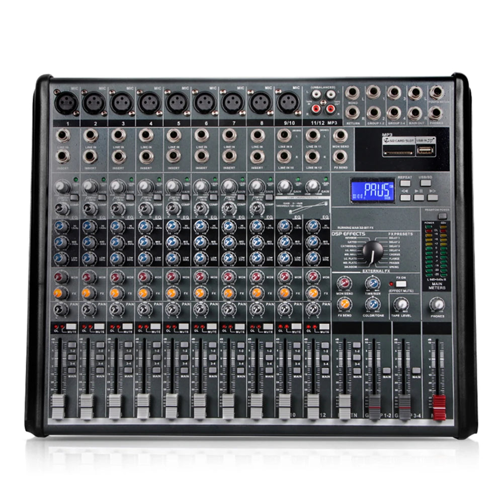 Biner EG1222SD Professional Audio Mixer Built-in 16 Effects Reverb MP3 Playback 12 Channel DJ Digital Mixing Console